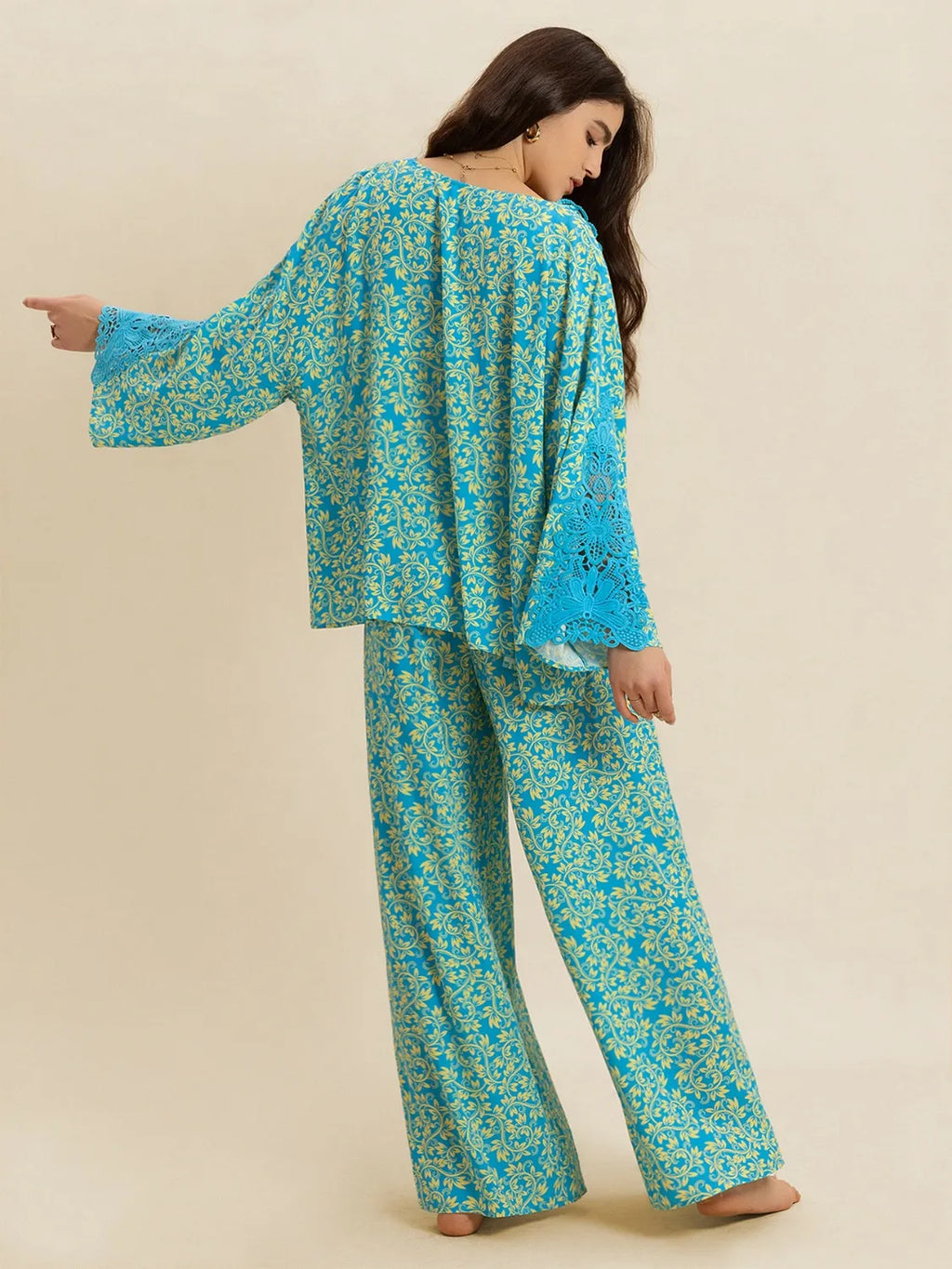 Open Front Printed Top and Pants Set