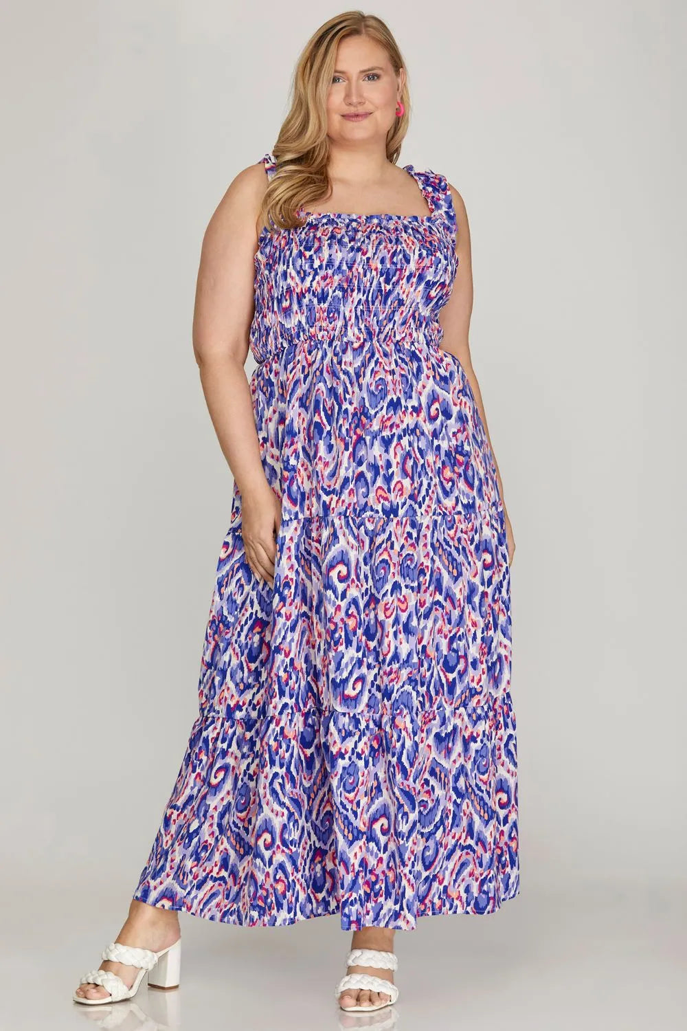 She + Sky Full Size Smocked Printed Wide Strap Tiered Dress Plus Size