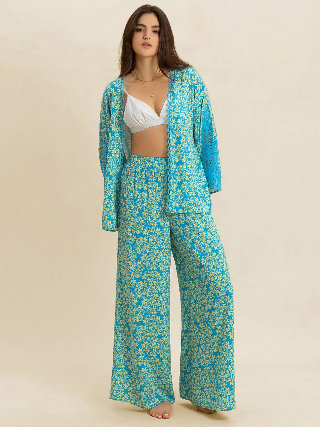 Open Front Printed Top and Pants Set