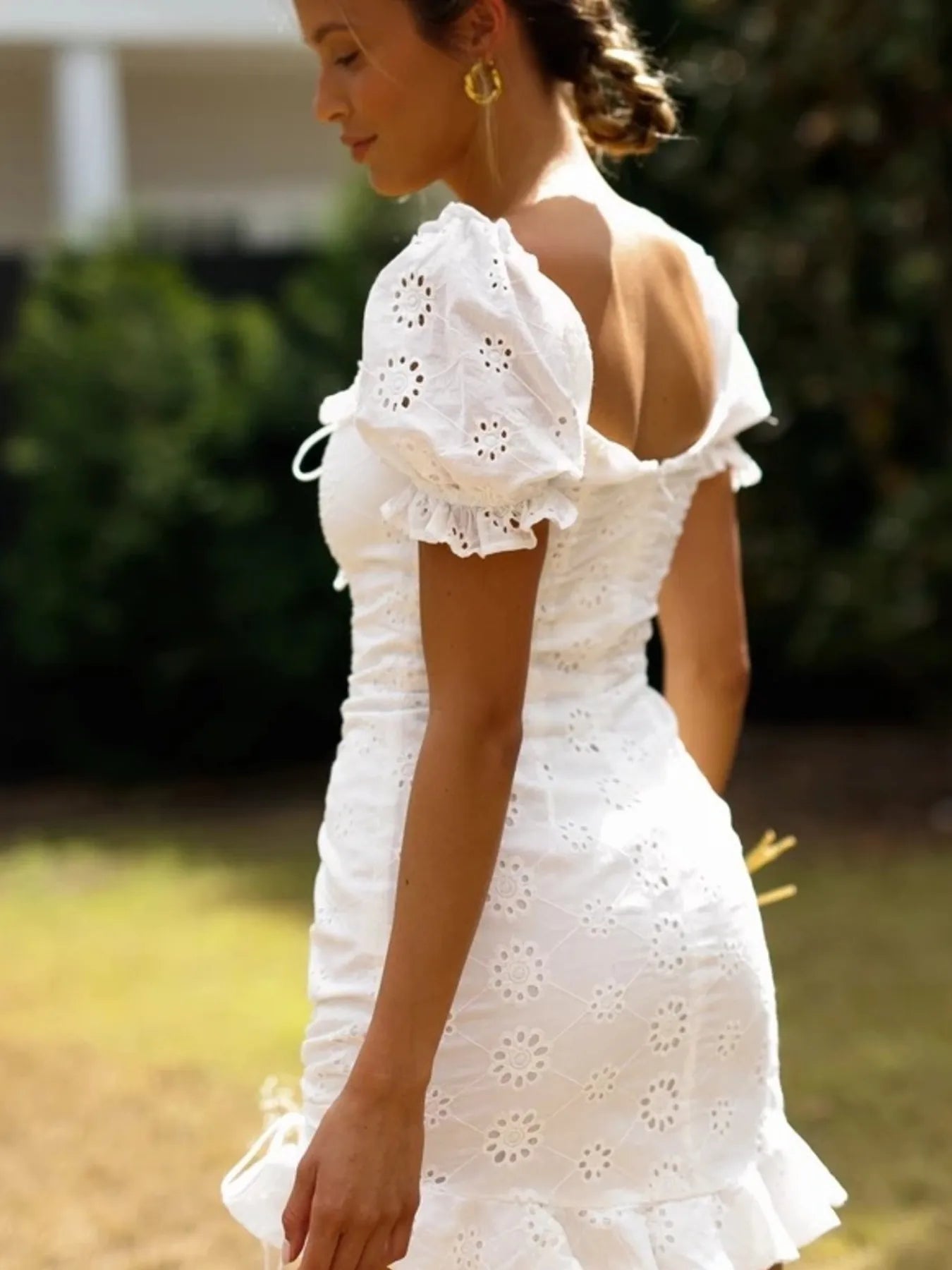 Eyelet Ruffled Hem Lace Up Mini Dress